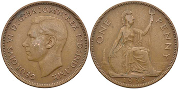 Великобритания 1 пенни 1938 Георг VI (1936-1952) КМ 845, Spink 4114 бронза 115-343