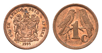 ЮАР 1 цент 1995 герб, капские воробьи KM 132 сталь плакированная медью UNC 4694-165