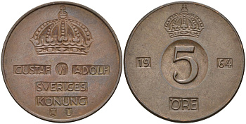 Швеция 5 эре 1964 Густав VI Адольф (1950-1973) KM 822 бронза 4526-1246