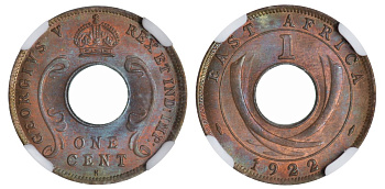Британская Восточная Африка 1 цент 1922 Н, Георг V (1910-1936), в в слабе NGC, грейд MS65 RB KM 22 медь UNC 15-004-02