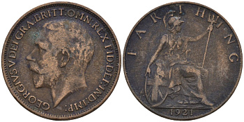 Великобритания 1 фартинг 1921 Георг V (1910-1936), светлая отделка KM 808.2, Spink 4060 бронза 4596-948