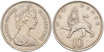 Великобритания 10 пенсов 1968 Елизавета II (1952-2022) KM 912, Spink 4231 (F1) медно-никель 4593-746