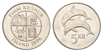 Исландия 5 крон 1996 дельфины KM 28a сталь плакированная никелем UNC 4586-253