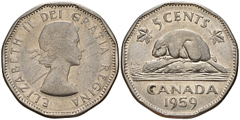 Канада 5 центов 1959 Елизавета II (1953-), бобр KM 50a никель 4189-532