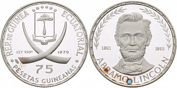 Экваториальная Гвинея 75 песет 1970 Авраам Линкольн, Президент США (1861-1865) KM 10.1 серебро PROOF 1078-7-41
