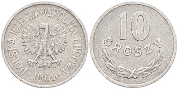 ПОЛЬША 10 ГРОШЕЙ 1969 MW KM АА47 алюминий VF 192-219