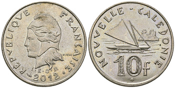 Французская Новая Каледония 10 франков 2012 рыбачья парусная лодка, (IEOM) KM 11a, Schoen 13a, Lec 99k медно-никель 65-144