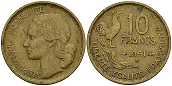 Франция 10 франков 1951 B, петух KM 915.2, Le Franc 363.5 алюминиевая бронза 4159-921