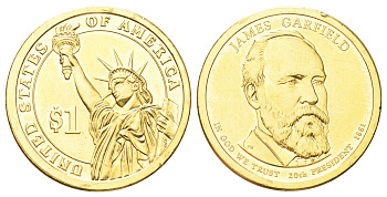 США 1 доллар 2011 Президент США - Джеймс Гарфилд (1881) KM 502 медь с марганцево-латунным покрытием UNC 4666-1013