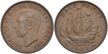 Великобритания 1/2 пенни 1952 Георг VI (1936-1952) KM 868, Spink 4118 бронза 4592-336