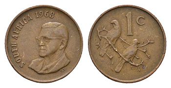 ЮАР 1 цент 1968 Окончание президентства Чарльза Сварта, South Africa, легенда на английском KM 74.1 бронза 4690-1116