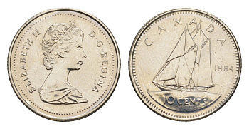 Канада 10 центов 1984 Елизавета II (1952-2022), парусник KM 77 никель PROOF-LIKE (BU) 4630-1018