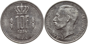 ЛЮКСЕМБУРГ 10 ФРАНКОВ 1974 KM 57 никель 4398-841