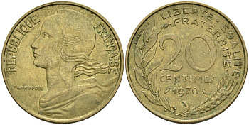 Франция 20 сантимов 1970 тип MARIANNE KM 930 медь алюминий никель 4584-513