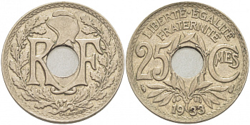 Франция 25 сантимов 1933 тип Линдауэр KM 867a, Le Franc 171 медно-никель 4402-841