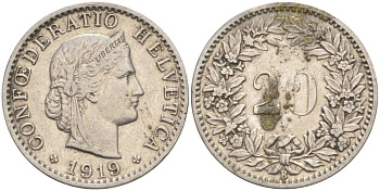 Швейцария 20 раппенов 1919 В KM 29 никель 55-631