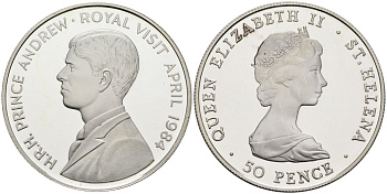 Остров Святой Елены 50 пенсов 1984 королевский визит принца Эндрю, тираж 5000 экз. KM 13а серебро PROOF 00-00