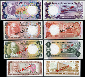 Сьерра-Леоне 50 центов, 1, 2, и 5 емалангени 1978 образец, Specimen, № 000879 Pick 4 s, 5 s, 6 s, 7 s  бумага  UNC (пресс) 451-164-2