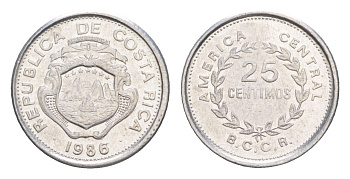 Коста-Рика 25 сентимо 1986 KM 188.3 алюминий UNC 4644-345