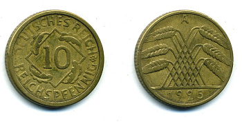 ГЕРМАНИЯ 10 РЕЙХСПФЕННИГОВ 1925 A KM 40, J.317 алюминиевая бронза 54-532