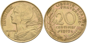 Франция 20 сантимов 1972 тип Марианна KM 930 медь алюминий никель 4116-524