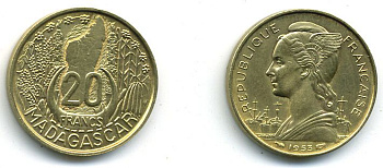 МАДАГАСКАР 20 ФРАНКОВ 1953 бронза 4-947