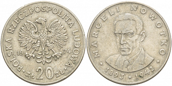 Польша 20 злотых 1974 MW, Марцелий Новотко KM 69, Parchimowicz 246 KM 69 медно-никель 4536-1234