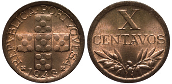Португалия 10 сентаво 1948 редкий год КМ 584 бронза UNC 1522-511