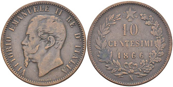 ИТАЛИЯ 10 ЧЕНТЕЗИМО 1866 N, МОНДВОР НЕАПОЛЬ, ВИКТОР ЭММАНУИЛ II (1861-1878) KM 11.4 медь 4526-831