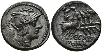 Римская Республика денарий 126 г. до н.э. монетарий Г. Кассий, голова Ромы / Либертата, персонификация Свободы, в Биге, Рим, ABOUT EXTREMELY FINE, 3,74 гр, темная глубокая патина Cr. 266/1 серебро 1073-10-81