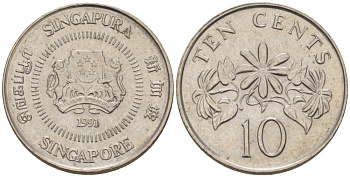 Сингапур 10 центов 1991 KM 51 медно-никель 66-353