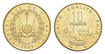 Джибути 10 франков 1999 KM 23 медь алюминий никель UNC 4651-519