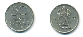 Швеция 50 эре 1973 U, Густав VI Адольф (1950-1973) KM 837 медно-никель 80-332