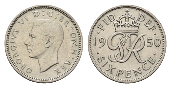 Великобритания 6 пенсов 1950 Георг VI (1936-1952) KM 875, Spink 4110 медно-никель 4651-1054