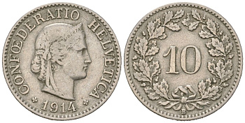 Швейцария 10 раппенов 1914 B KM 27 медно-никель 4169-653