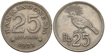 Индонезия 25 рупий 1971 венценосный голубь KM 34 медно-никель UNC 4602-116