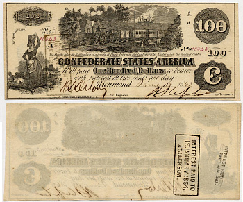 КОНФЕДЕРАТИВНЫЕ ШТАТЫ АМЕРИКИ 100 ДОЛЛАРОВ 1862 ПАРОВОЗ 000-00-00