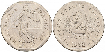 ФРАНЦИЯ 2 ФРАНКА 1982 СЕЯТЕЛЬ KM 942.1, LE FRANC 272.6 никель 3855-714