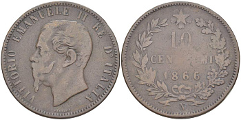 ИТАЛИЯ 10 ЧЕНТЕЗИМО 1866 N, МОНДВОР НЕАПОЛЬ, ВИКТОР ЭММАНУИЛ II (1861-1878) KM 11.4 медь 4526-825