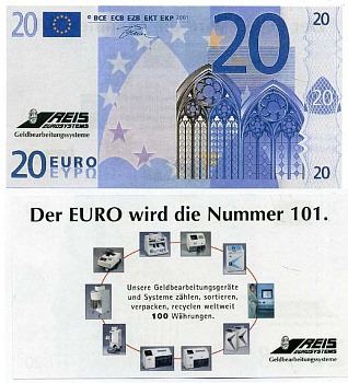 ГЕРМАНИЯ 20 ЕВРО 2001 ПРОБНЫЕ ЕВРОБАНКНОТЫ, ФИРМА REIS EUROSYSTEMS бумага UNC (ПРЕСС) 8613-1-2-2