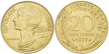 ФРАНЦИЯ 20 САНТИМОВ 1977 ТИП MARIANE KM 930, LE FRANC 156.17 алюминиевая бронза 4519-825
