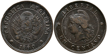 Аргентина 1 сентаво 1890 голова свободы влево KM 7 бронза 4525-1031
