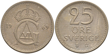 Швеция 25 эре 1969 Густав VI Адольф (1950-1973) KM 836 медно-никель UNC 187-839