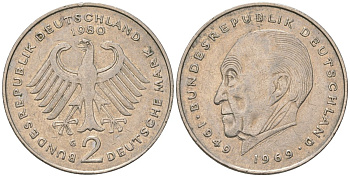 ФРГ 2 марки 1980 G, Конрад Аденауэр, 20 лет Федеративной Республике KM 124 медно-никель 4565-545