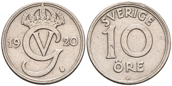 Швеция 10 эре 1920 Густав V (1907-1950) KM 795 никель бронза 4588-1111