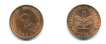 ФРГ 2 пфеннига 1971 D KM 106a, J. 381a сталь плакированная сталь плакированная медью UNC 00-00