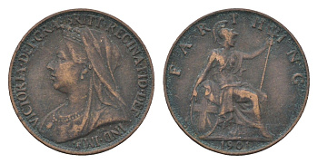 Великобритания 1 фартинг 1901 Виктория (1837-1901) KM 788.2, Spink 3964 бронза 4664-241