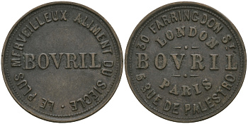 АНГЛИЯ ЖЕТОН, ТОКЕН ND BOVRIL, КОМПАНИЯ, ЛОНДОН-ПАРИЖ, В 50 РАЗ БОЛЬШЕ МЯСА, РЕКЛАМНЫЙ ТОКЕН КОНЦЕНТРАТА МЯСНОГО БУЛЬОНА, ДИАМЕТР 21,5 ММ. бронза 98-821