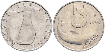 Италия 5 лир 1998 R, дельфин KM 92 алюминий  UNC  4594-725