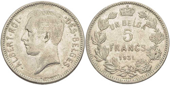 БЕЛЬГИЯ 5 ФРАНКОВ 1931 АЛЬБЕРТ I, DES BELGES KM 97.1 никель 3851-143